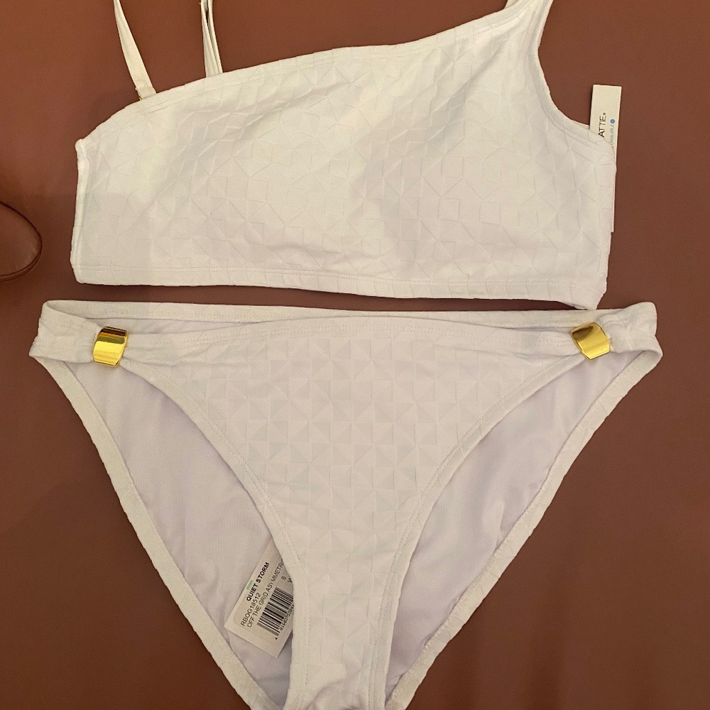 White bikini Bleu Rod Beatte NEW Asymmetric top gold hardware subtle print